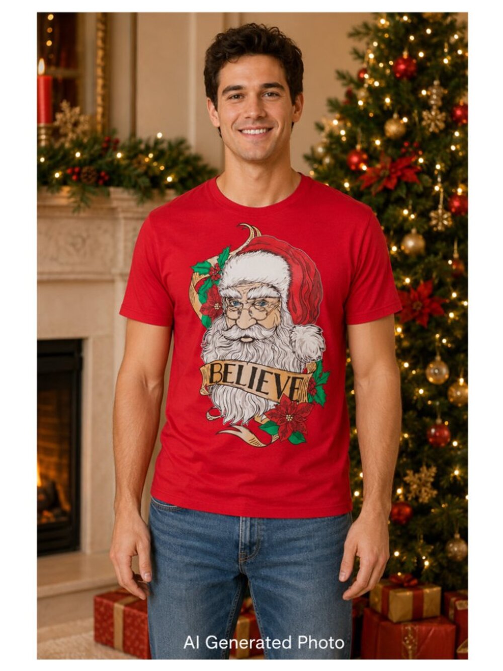 Holiday Time Santa Claus Believe Red Christmas TShirt Size XL NWT